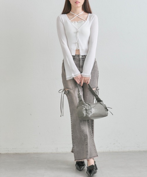 OLIVE des OLIVE(オリーブデオリーブ)の「【気温差にも◎】ビーズリボンシアカーデ(カーディガン/ボレロ・レディース・ピンク/サックスブルー/ブラック/オフホワイト・FREE)」の16枚目の写真