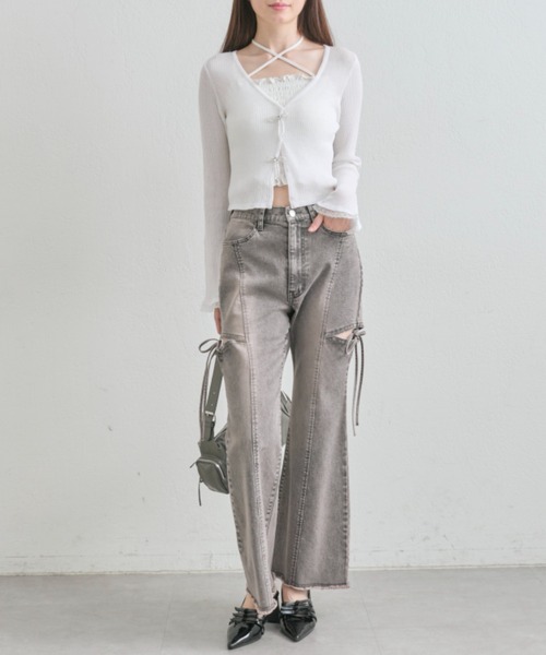 OLIVE des OLIVE(オリーブデオリーブ)の「【気温差にも◎】ビーズリボンシアカーデ(カーディガン/ボレロ・レディース・ピンク/サックスブルー/ブラック/オフホワイト・FREE)」の17枚目の写真