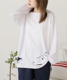 DISCOVERED ダメージ加工 カットソー 長袖 Tシャツ ロンＴ 白 ジャケt tシャツ メンズ 長袖 厚手 ロングティーシャツ