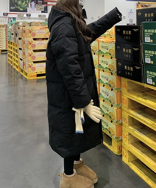 フード付き ボリューム ワンポイントロゴ ロングエコダウンジャケット