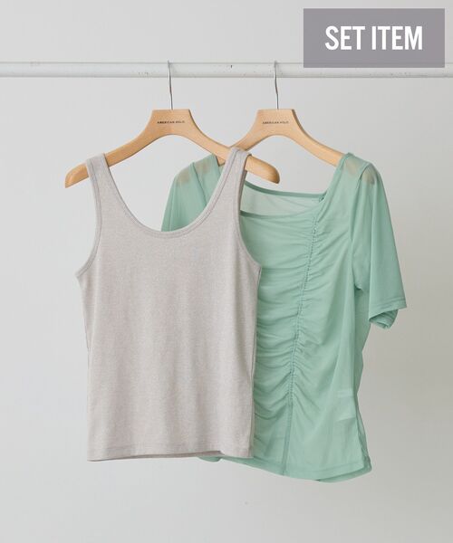 AMERICAN HOLIC(アメリカンホリック)の「【2点SET】アシメシアーT+ラメタンクトップ(アンサンブル・レディース・ミント/ブラック・M/L)」の1枚目の写真