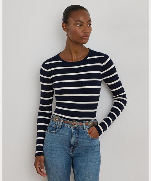 (取寄) ローレン ラルフローレン レディース ストライプド リブ-ニット クルー ネック セーター Lauren Ralph Lauren women Striped Rib-Knit Crew Neck Sweater Lauren Navy/Mascarpone Cream セール】ストライプド リブニット クルーネック セーター（ニット