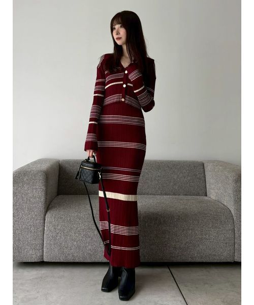 セール】ポロカラーアンサンブルリブニットワンピース