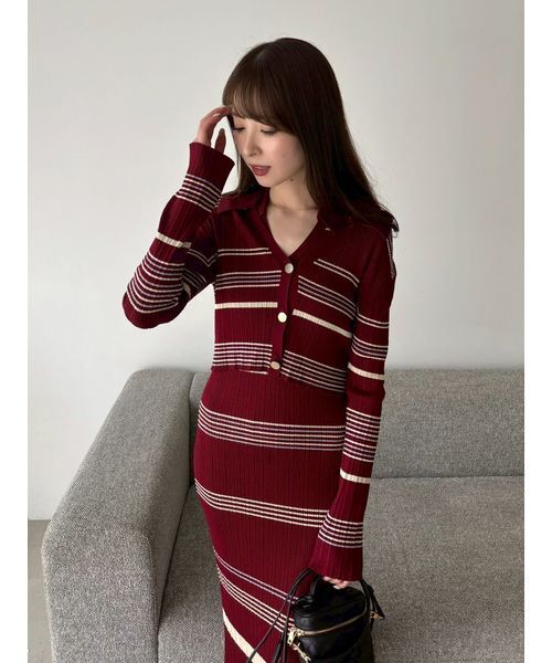 セール】ポロカラーアンサンブルリブニットワンピース