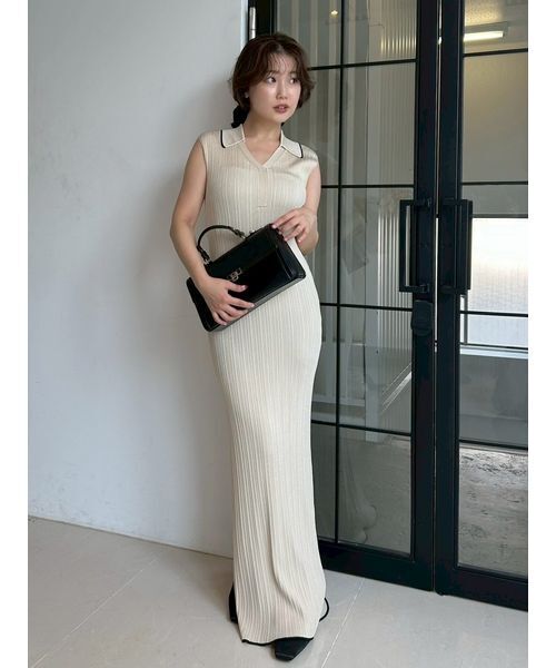 セール】ポロカラーアンサンブルリブニットワンピース