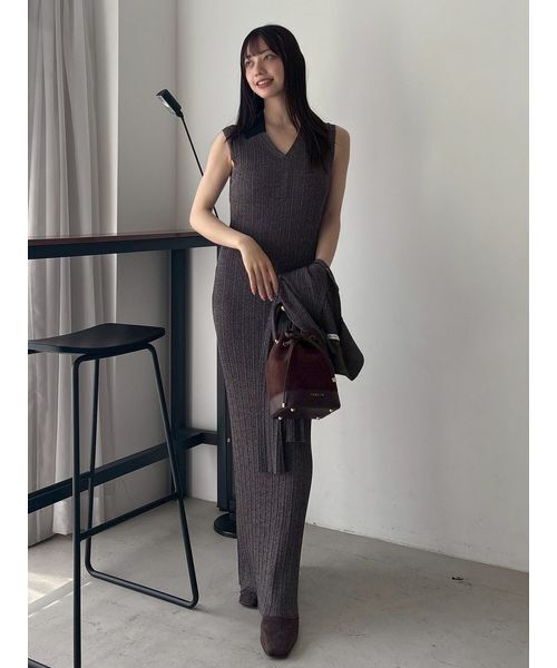 セール】ポロカラーアンサンブルリブニットワンピース