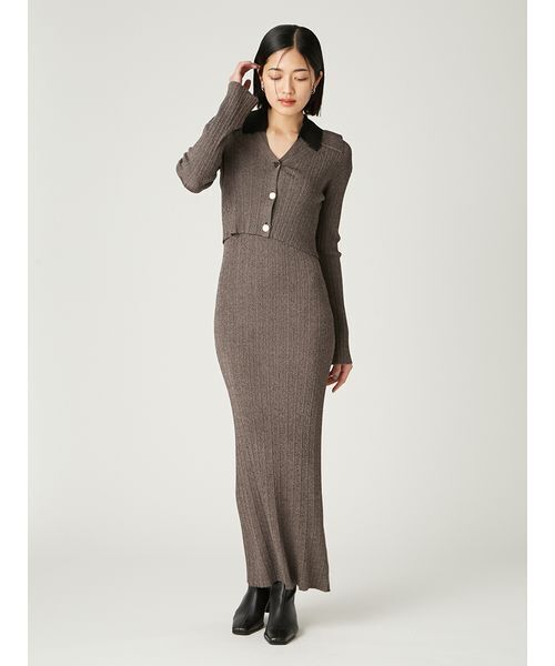 セール】ポロカラーアンサンブルリブニットワンピース