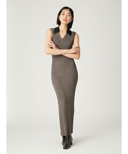 セール】ポロカラーアンサンブルリブニットワンピース