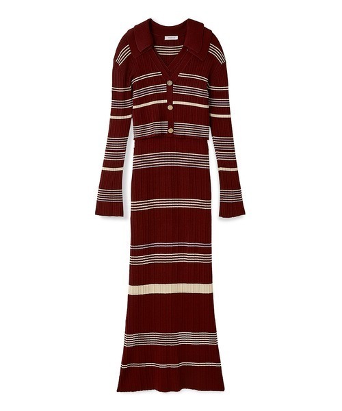 セール】ポロカラーアンサンブルリブニットワンピース