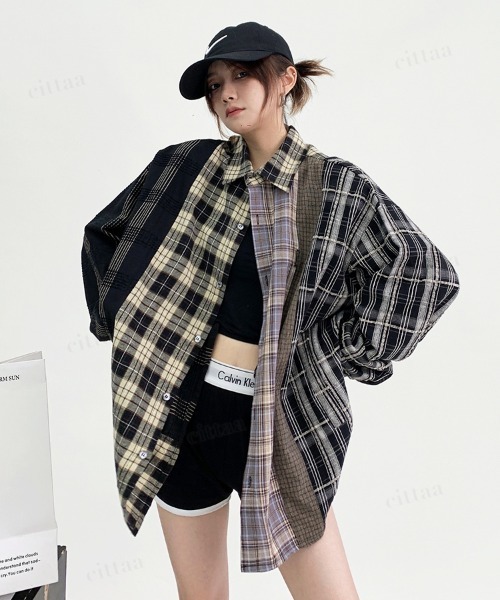Dalfwin(ダールフィン)の「韓国ファッション STAFFPICKドッキングデザイン長袖チェックシャツ(シャツ/ブラウス・レディース・ブラック系・FREE)」の1枚目の写真