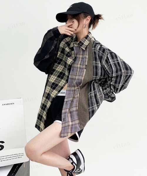 Dalfwin(ダールフィン)の「韓国ファッション STAFFPICKドッキングデザイン長袖チェックシャツ(シャツ/ブラウス・レディース・ブラック系・FREE)」の5枚目の写真