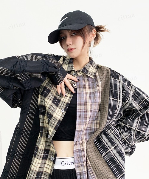 Dalfwin(ダールフィン)の「韓国ファッション STAFFPICKドッキングデザイン長袖チェックシャツ(シャツ/ブラウス・レディース・ブラック系・FREE)」の8枚目の写真
