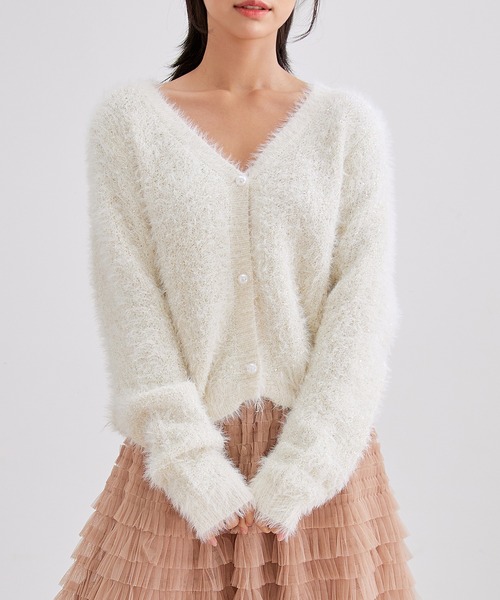 Lace Ladies（レースレディース）の「AVネック パール スパンコール シャギー ニット カーディガン（カーディガン/ボレロ・レディース・グレー/アイボリー/ブラック・FREE）」の2枚目の写真