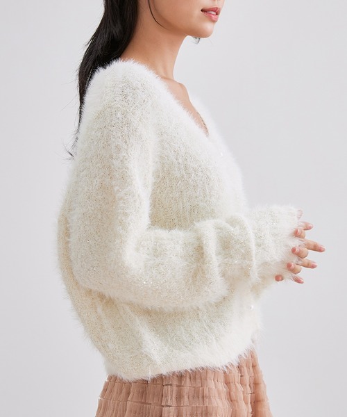 Lace Ladies（レースレディース）の「AVネック パール スパンコール シャギー ニット カーディガン（カーディガン/ボレロ・レディース・グレー/アイボリー/ブラック・FREE）」の12枚目の写真
