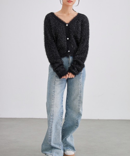 Lace Ladies（レースレディース）の「AVネック パール スパンコール シャギー ニット カーディガン（カーディガン/ボレロ・レディース・グレー/アイボリー/ブラック・FREE）」の5枚目の写真
