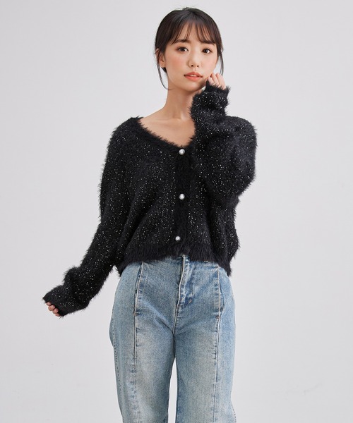 Lace Ladies（レースレディース）の「AVネック パール スパンコール シャギー ニット カーディガン（カーディガン/ボレロ・レディース・グレー/アイボリー/ブラック・FREE）」の6枚目の写真