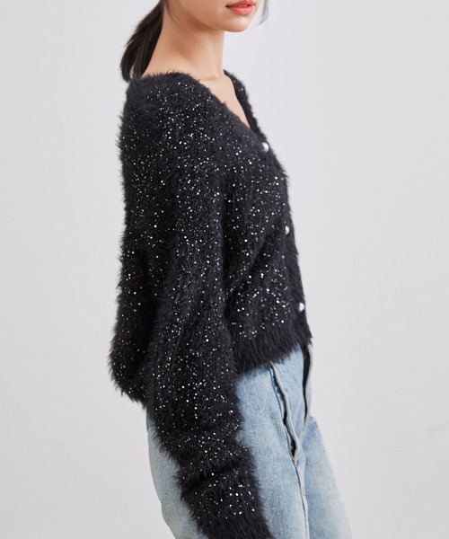 Lace Ladies（レースレディース）の「AVネック パール スパンコール シャギー ニット カーディガン（カーディガン/ボレロ・レディース・グレー/アイボリー/ブラック・FREE）」の7枚目の写真