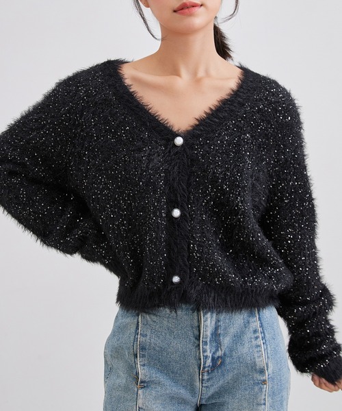 Lace Ladies（レースレディース）の「AVネック パール スパンコール シャギー ニット カーディガン（カーディガン/ボレロ・レディース・グレー/アイボリー/ブラック・FREE）」の8枚目の写真