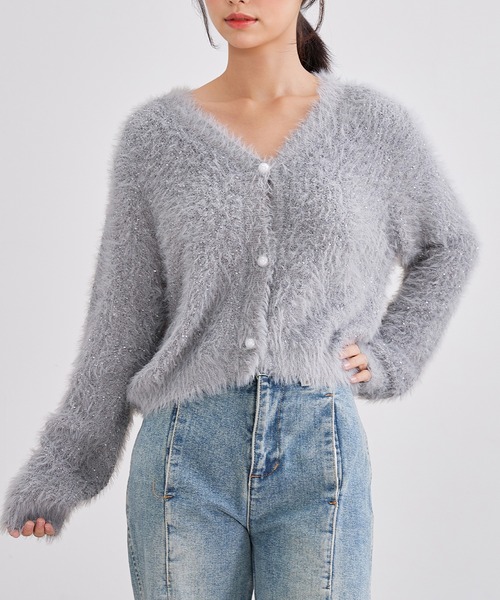 Lace Ladies（レースレディース）の「AVネック パール スパンコール シャギー ニット カーディガン（カーディガン/ボレロ・レディース・グレー/アイボリー/ブラック・FREE）」の21枚目の写真