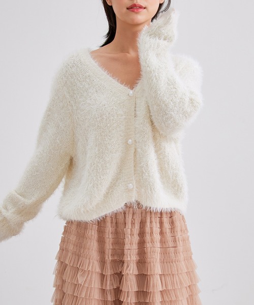Lace Ladies（レースレディース）の「AVネック パール スパンコール シャギー ニット カーディガン（カーディガン/ボレロ・レディース・グレー/アイボリー/ブラック・FREE）」の10枚目の写真
