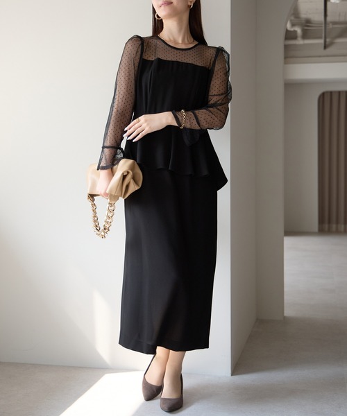 【新品タグ付】レジャ 黒　ドットペプラムチュールドレス　オケージョン　結婚式 セール】結婚式 オケージョン ドットチュール ペプラム ドレス (S,M,L