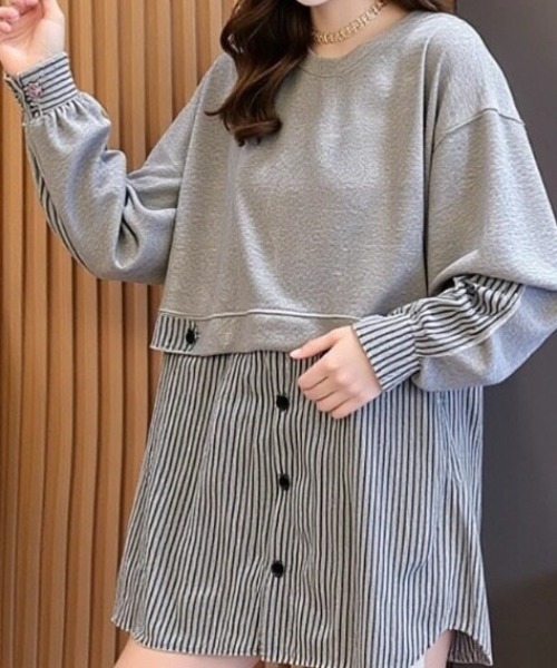 cammie(キャミー)の「スエット×シャツドッキングチュニックワンピース(ワンピース・レディース・オレンジ/オフホワイト/グレー・L/M)」の1枚目の写真