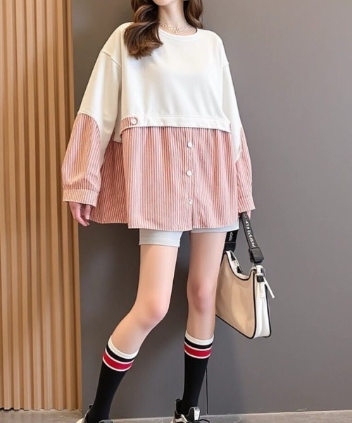 cammie(キャミー)の「スエット×シャツドッキングチュニックワンピース(ワンピース・レディース・オレンジ/オフホワイト/グレー・L/M)」の4枚目の写真