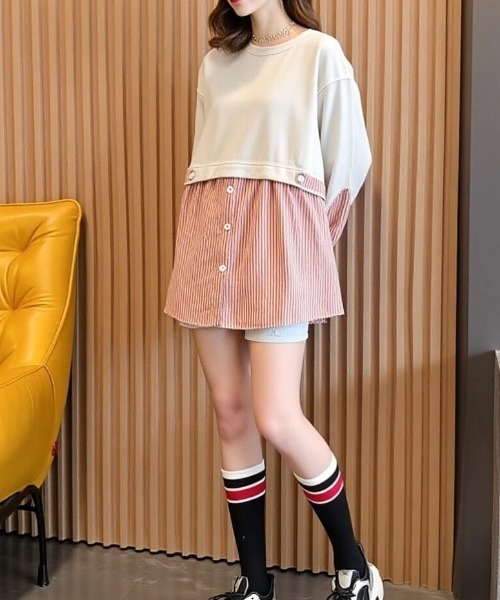 cammie(キャミー)の「スエット×シャツドッキングチュニックワンピース(ワンピース・レディース・オレンジ/オフホワイト/グレー・L/M)」の5枚目の写真