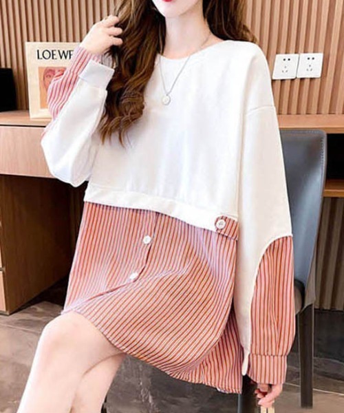 cammie(キャミー)の「スエット×シャツドッキングチュニックワンピース(ワンピース・レディース・オレンジ/オフホワイト/グレー・L/M)」の15枚目の写真