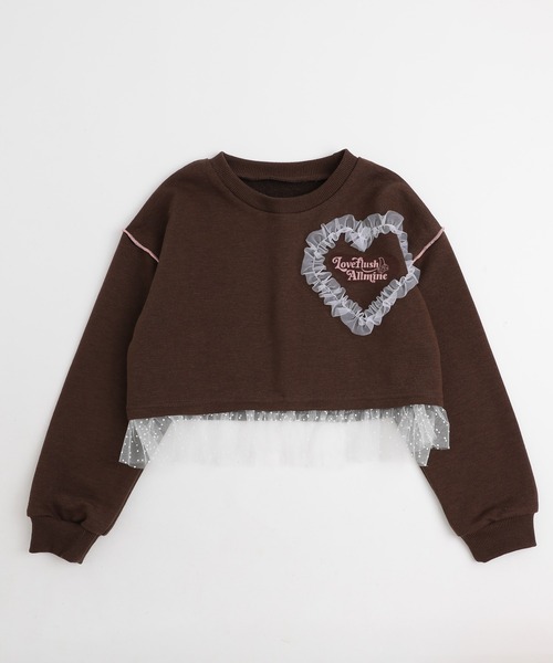 URBAN CHERRY（アーバンチェリー）の「【ふわもち軽やか素材】チュールMIXハートロゴプリントクロップドトップス（スウェット・キッズ・ホワイト/グレー/ブラウン・120cm/110cm/150cm/140cm/130cm）」の8枚目の写真