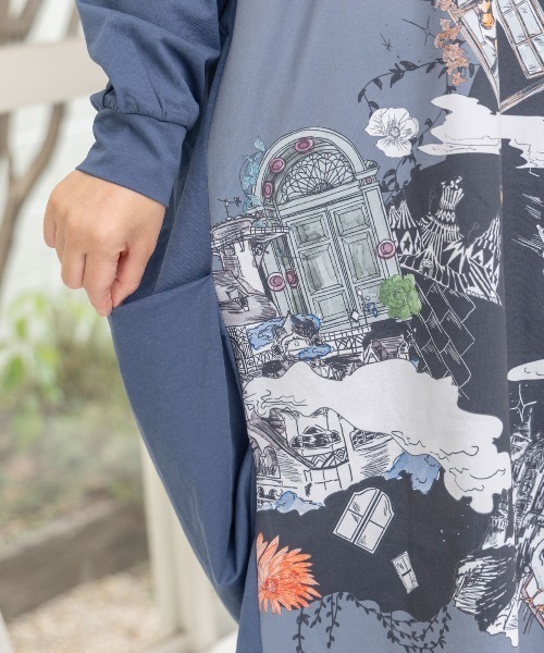 セール】553239：不思議な街柄タック入りワンピース（ワンピース）｜iS