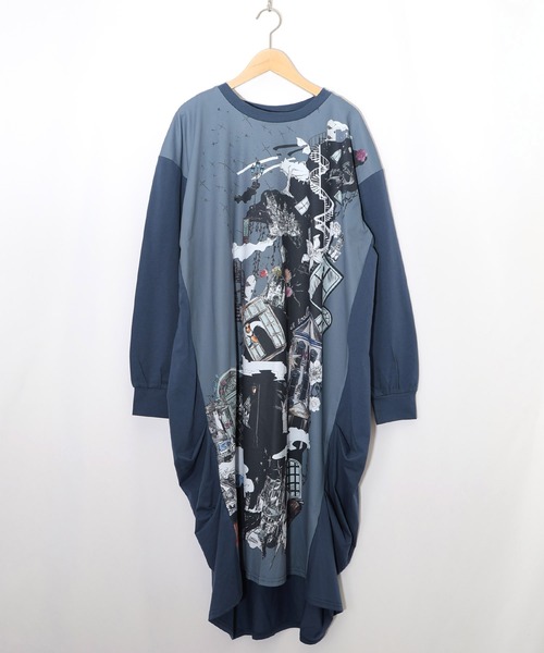 iS ScoLar 553239：不思議な街柄タック入りワンピース セール】553239：不思議な街柄タック入りワンピース（ワンピース）｜iS