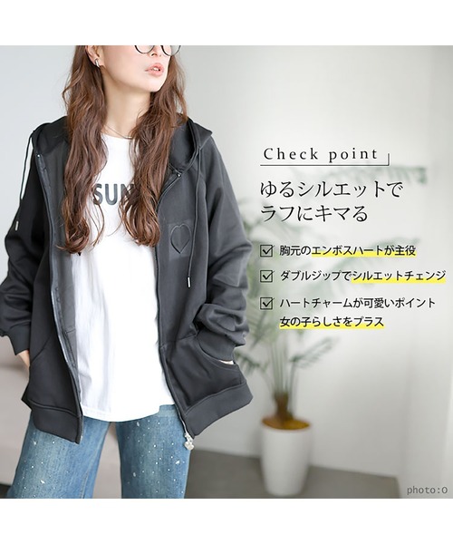 GOLDJAPAN(ゴールドジャパン)の「エンボスハート付きダブルジップパーカー【大きいサイズ対応】(パーカー・レディース・ブラック/グリーン・3L/4L/LL/5L)」の4枚目の写真