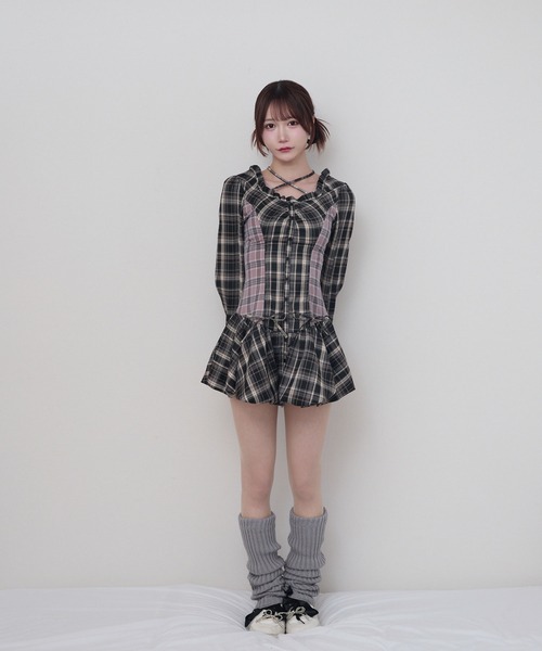 チェックバルーンミニワンピース / check balloon mini one-piece