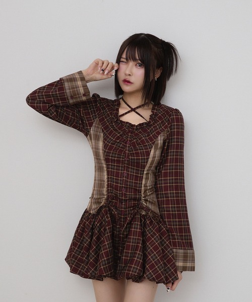 チェックバルーンミニワンピース / check balloon mini one-piece