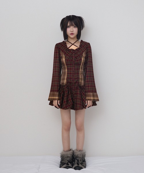 チェックバルーンミニワンピース / check balloon mini one-piece