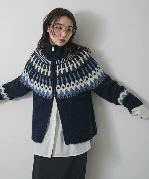 SENSE OF PLACE by URBAN RESEARCH（センスオブプレイスバイアーバンリサーチ）の「『洗濯可』ノルディックジップセーター（ニット/セーター・レディース・ネイビー/オフホワイト/チャコールグレー・ONE）」の21枚目の写真