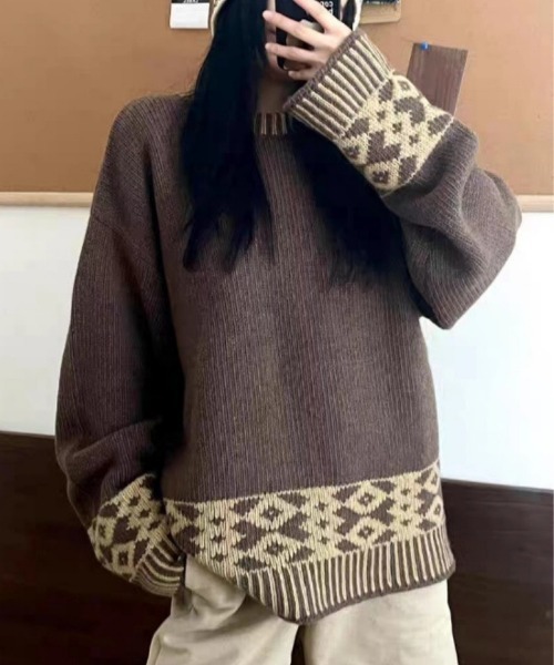 Ritzy(リッツィー)の「ニットキャップ+柄切り替えオーバーサイズニット 2点セット(ニット/セーター・レディース・レッド/ホワイト/ブラック/ブラウン・FREE)」の1枚目の写真