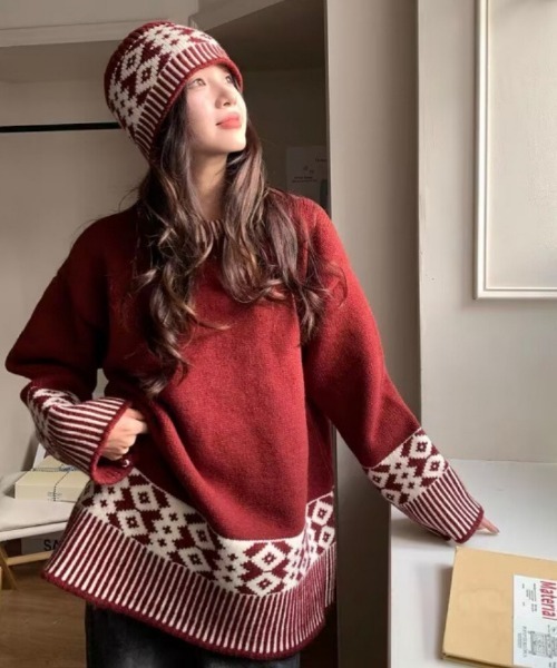 Ritzy(リッツィー)の「ニットキャップ+柄切り替えオーバーサイズニット 2点セット(ニット/セーター・レディース・レッド/ホワイト/ブラック/ブラウン・FREE)」の4枚目の写真