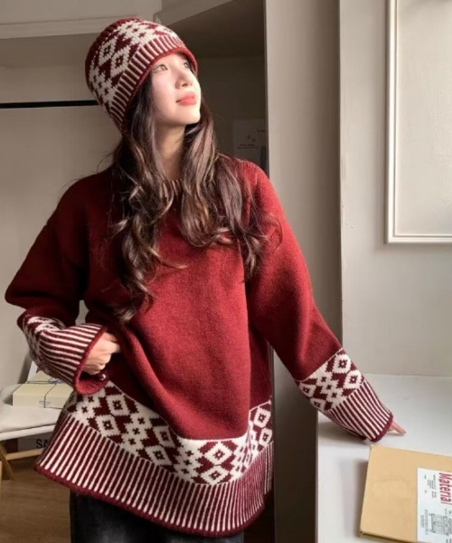 Ritzy(リッツィー)の「ニットキャップ+柄切り替えオーバーサイズニット 2点セット(ニット/セーター・レディース・レッド/ホワイト/ブラック/ブラウン・FREE)」の7枚目の写真