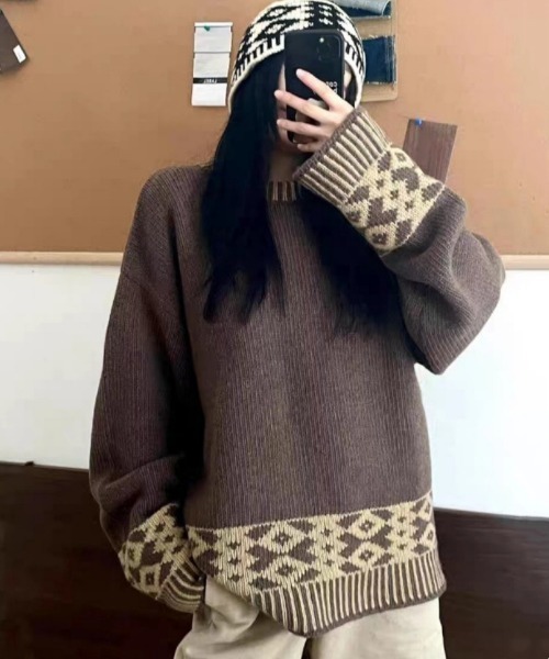 Ritzy(リッツィー)の「ニットキャップ+柄切り替えオーバーサイズニット 2点セット(ニット/セーター・レディース・レッド/ホワイト/ブラック/ブラウン・FREE)」の8枚目の写真