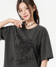 レタリングキャット オーバーサイズ ピグメント 半袖Tシャツ チャコール