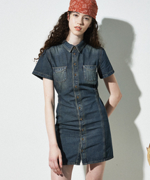 MAGOODGAN（メックウッドガン）の「ペマラルド 7982 ダスティミディアムインディゴ 半袖シャツ バンディングミニワンピース（ワンピース）」