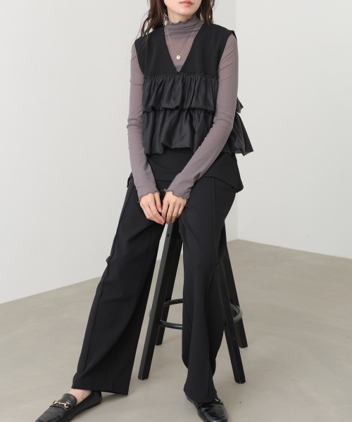 Bab(バブ)の「【選べるサイズ展開/イージージョーゼットシリーズ】【イージーケア】イージージョーゼットティアードベスト+パンツSET(パンツドレス・レディース・アイボリー/ブラック・S/M)」の2枚目の写真