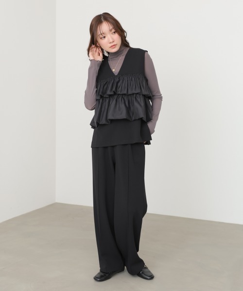 Bab(バブ)の「【選べるサイズ展開/イージージョーゼットシリーズ】【イージーケア】イージージョーゼットティアードベスト+パンツSET(パンツドレス・レディース・アイボリー/ブラック・S/M)」の6枚目の写真