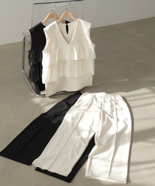 Bab(バブ)の「【選べるサイズ展開/イージージョーゼットシリーズ】【イージーケア】イージージョーゼットティアードベスト+パンツSET(パンツドレス・レディース・アイボリー/ブラック・S/M)」の16枚目の写真