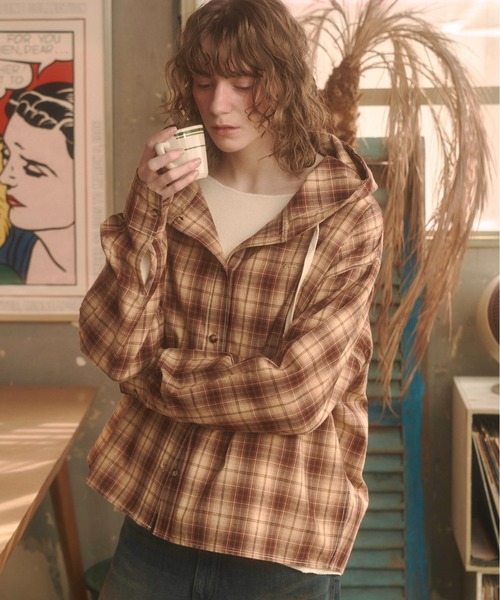 Zooodle（ズードル）の「Checkered hoodie shirt - チェックフーディーシャツ -（シャツ/ブラウス・メンズ・ベージュ/ブルー・MEDIUM/LARGE）」の16枚目の写真