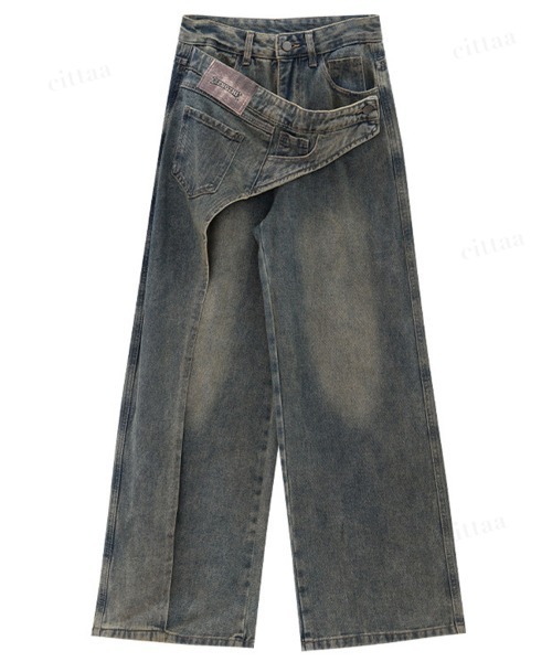 Dalfwin（ダールフィン）の「韓国ファッション 左右非対称デザインハイウエストワイドデニム（デニムパンツ・レディース・ブルー・SMALL/MEDIUM/LARGE）」の16枚目の写真