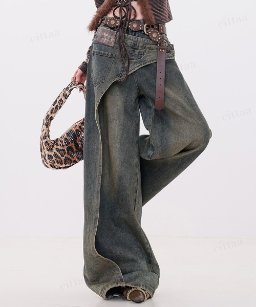 Dalfwin（ダールフィン）の「韓国ファッション 左右非対称デザインハイウエストワイドデニム（デニムパンツ・レディース・ブルー・SMALL/MEDIUM/LARGE）」の8枚目の写真