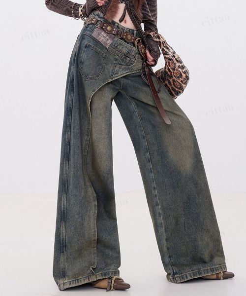 Dalfwin（ダールフィン）の「韓国ファッション 左右非対称デザインハイウエストワイドデニム（デニムパンツ・レディース・ブルー・SMALL/MEDIUM/LARGE）」の7枚目の写真